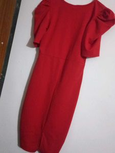 Red Puff Sleeve Cutout Dress