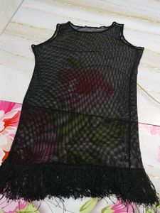 (1300)Black Fringe Mesh Cover-Up