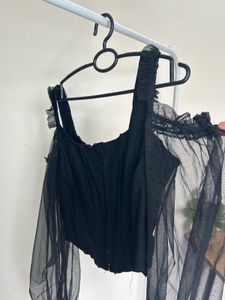 Black Corset Top with Mesh Sleeves