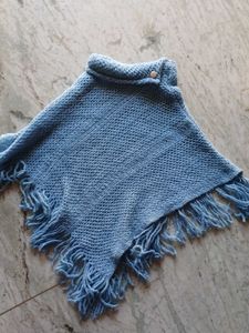 Blue Knitted Poncho with Fringe