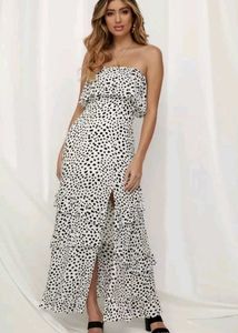 Yidarton Women's Strapless Ruffle Polka Dot Maxi