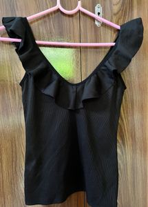Ruffle Trim Black Tank Top
