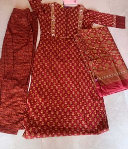 LIBAS Red Printed Kurta Palazzo Dupatta Set