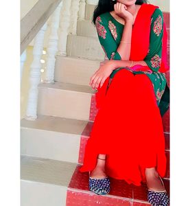 Women Trendy Mirror work Printed Rayon Fabric Green Color Kurti with Designed Red Color Sharara