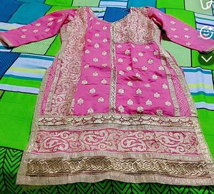 Pink Golden A line Side Cut Party Wear Kurta