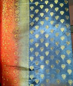 Elegant Reddish Orange &amp; Grey Silk Saree