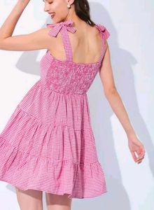 Pink Gingham Tiered Mini Dress