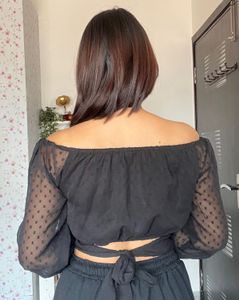 Black Swiss Dot Off-the-Shoulder Top