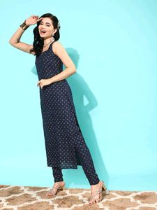 Women Navy Blue Ethnic Print Sleeveless Kurta Set