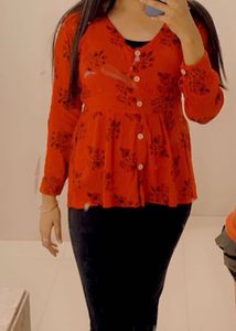 Red Floral Top With Full Sleeves