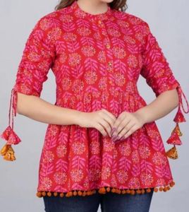 "Vibrant Pink Floral Peplum Top with Tassel Sleeve