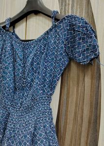 Blue Patterned Cold Shoulder Top