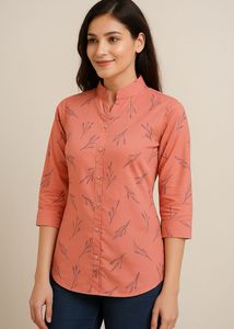 “Trendy Girls Mandarin Shirt in Coral Bloom