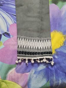 Gray Denim Jeans with Pom-Pom Detail