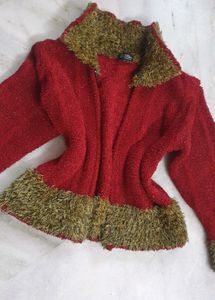 Red And Green Glittery Fur Cardigan