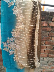 Chiffon Saree Blue And Cream Colour