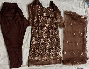 Elegant Brown & Gold Embellished Pakistani Suit