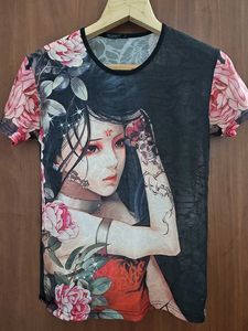 Y2K Oriental Graphic Print Mesh T-Shirt