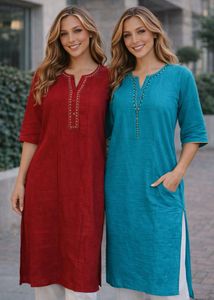 Embroidered Long Kurti Combo – Red & Blue (Size M)