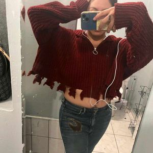 Burgundy Distressed Knit Zip-up Hoodie