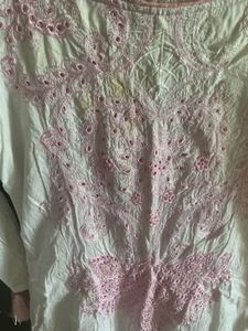 White &amp; Pink Embroidered Kurti