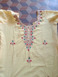 Yellow Embroidery Button Kurti