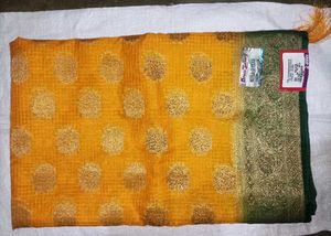 Yellow &amp; Green Polka Dot Saree