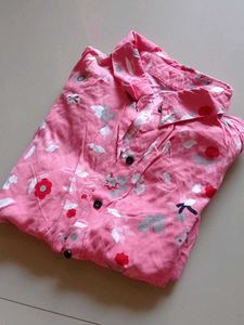 Pink Floral Collar Top With Button