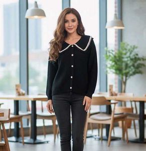 Elegant Black Cardigan with Pearl Collar