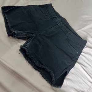 Black Denim Frayed Shorts