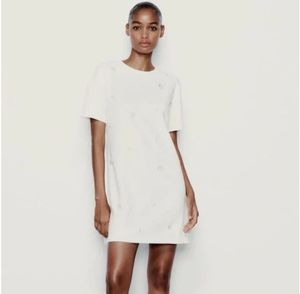 Zara White Embellished T-Shirt Dress