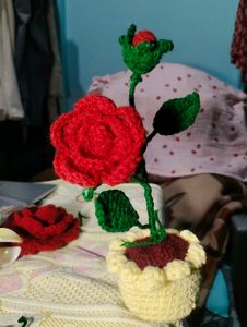 Crocheted Red Rose in Yellow Pot