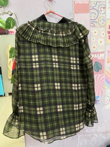 Green Checked Flared Sleeve Top