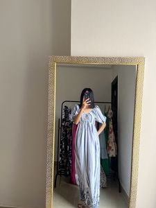 Blue Stripe Ruched Maxi With  Lace Cutwork Details