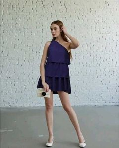 Shein Cute Solid One Shoulder Flared Hem Mini Laye