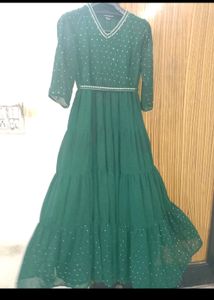 INDYA GREEN POLKA FOIL TIERED MAXI TUNIC