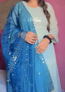 Sky Blue Embellished Anarkali Frock  Set