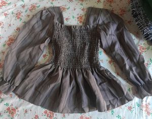 Chic Brown Peplum Long Sleeve Top