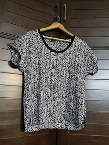 Mango Women Black White Printed Top