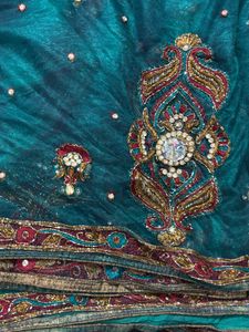 Emerald Green Embroidered Sari Fabric