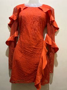 Koovs Branded Orange Ruffle Long Sleeve Dress
