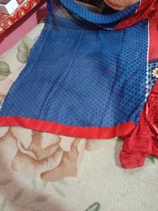 Red &amp; Blue  floral printed zari Saree