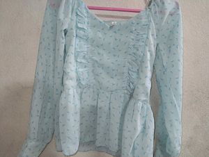 Light Blue Floral Ruffle Blouse