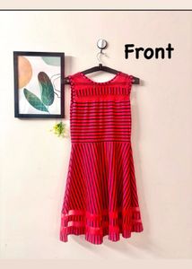 Cute Red Striped Stretchable Fit &amp; Flare Dress