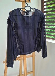 ZARA Navy Ruffle Trim Sheer Blouse