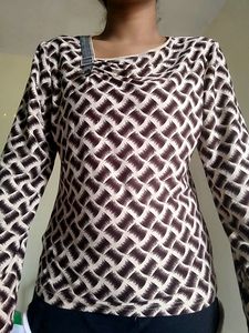 Printed Beige Long Sleeve Top