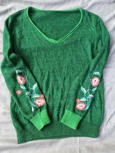 Green Embroidered Sleeve Sweater