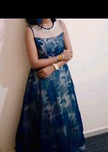 Blue Floral Illusion Neckline Dress