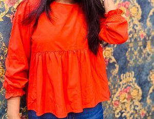 Red Ruffle Sleeve Peplum Top