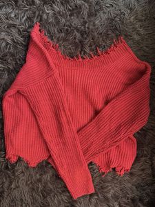 Red Distressed Knit Sweater